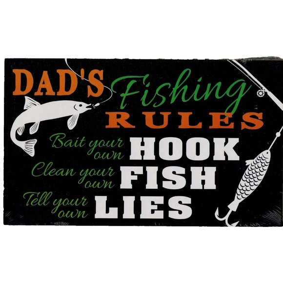 Man Cave Wood Sign Wall Plaque Dad Fathers Day Christmas Gift Dads Fishing Rules - Picture 1 of 2